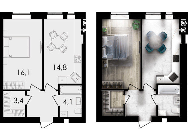 ЖК Forest Home: планування 1-кімнатної квартири 43.2 м²