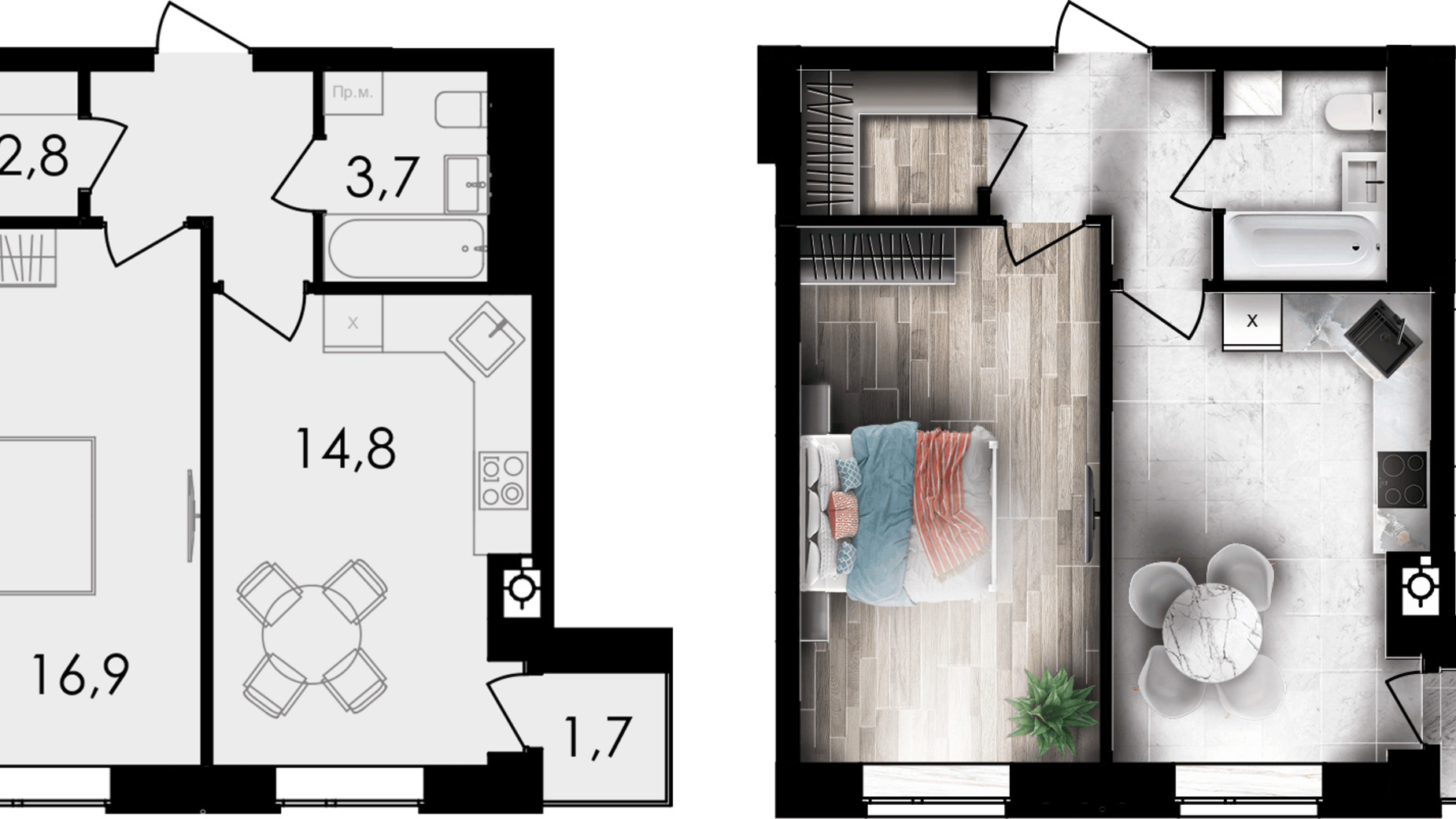 Планировка 1-комнатной квартиры в ЖК Forest Home 44 м², фото 667862