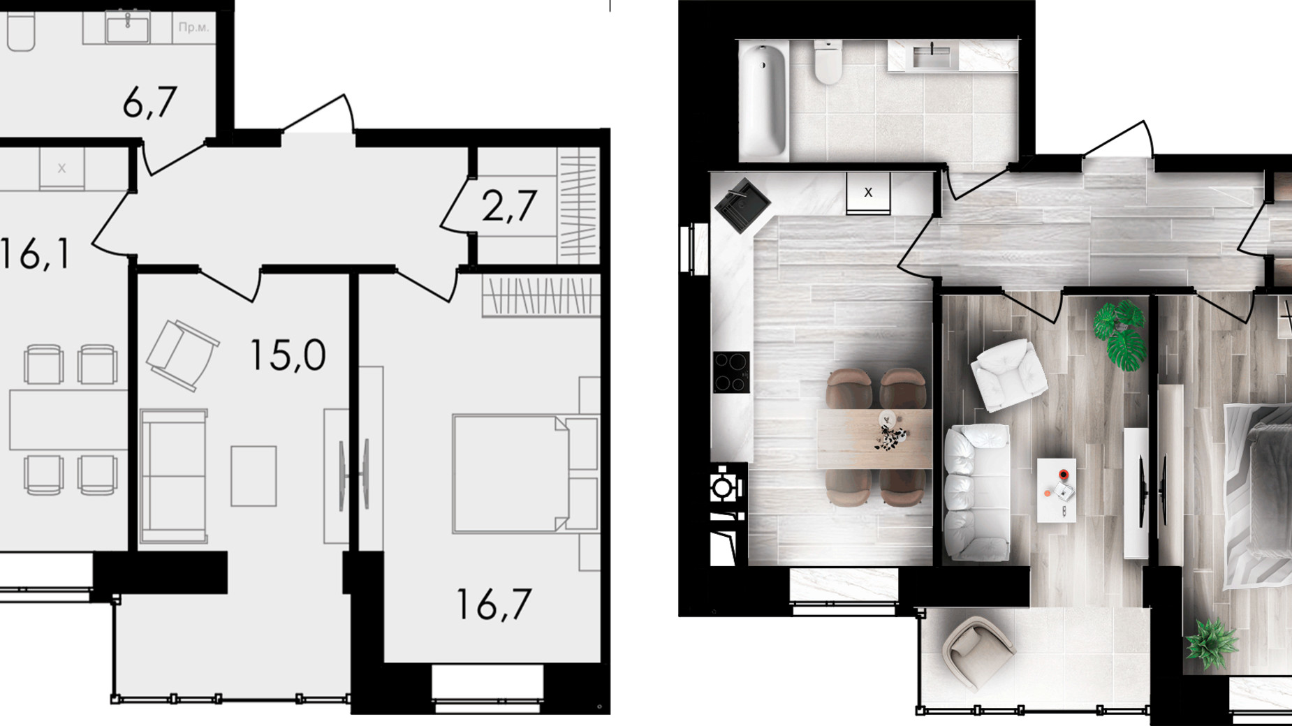 Планування 2-кімнатної квартири в ЖК Forest Home 64.3 м², фото 667863