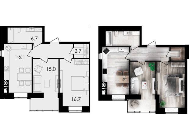 ЖК Forest Home: планування 2-кімнатної квартири 64.3 м²