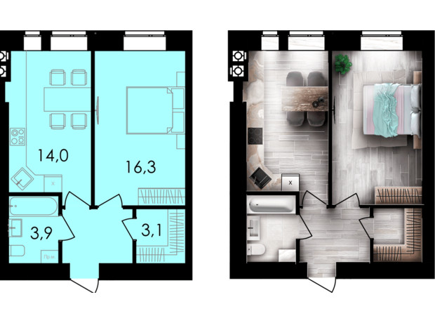 ЖК Forest Home: планування 1-кімнатної квартири 41.7 м²