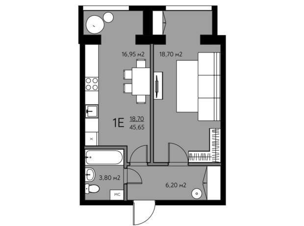 ЖК Молодіжне містечко: планування 1-кімнатної квартири 45.65 м²