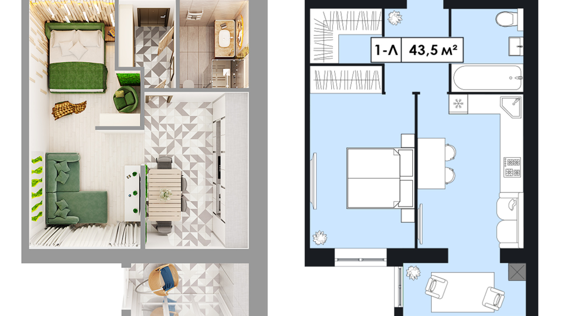 Планування 1-кімнатної квартири в ЖК Щасливий у Дніпрі 43.5 м², фото 668501