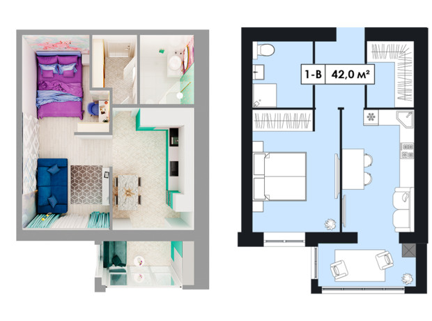 ЖК Щасливий у Дніпрі: планировка 1-комнатной квартиры 42 м²