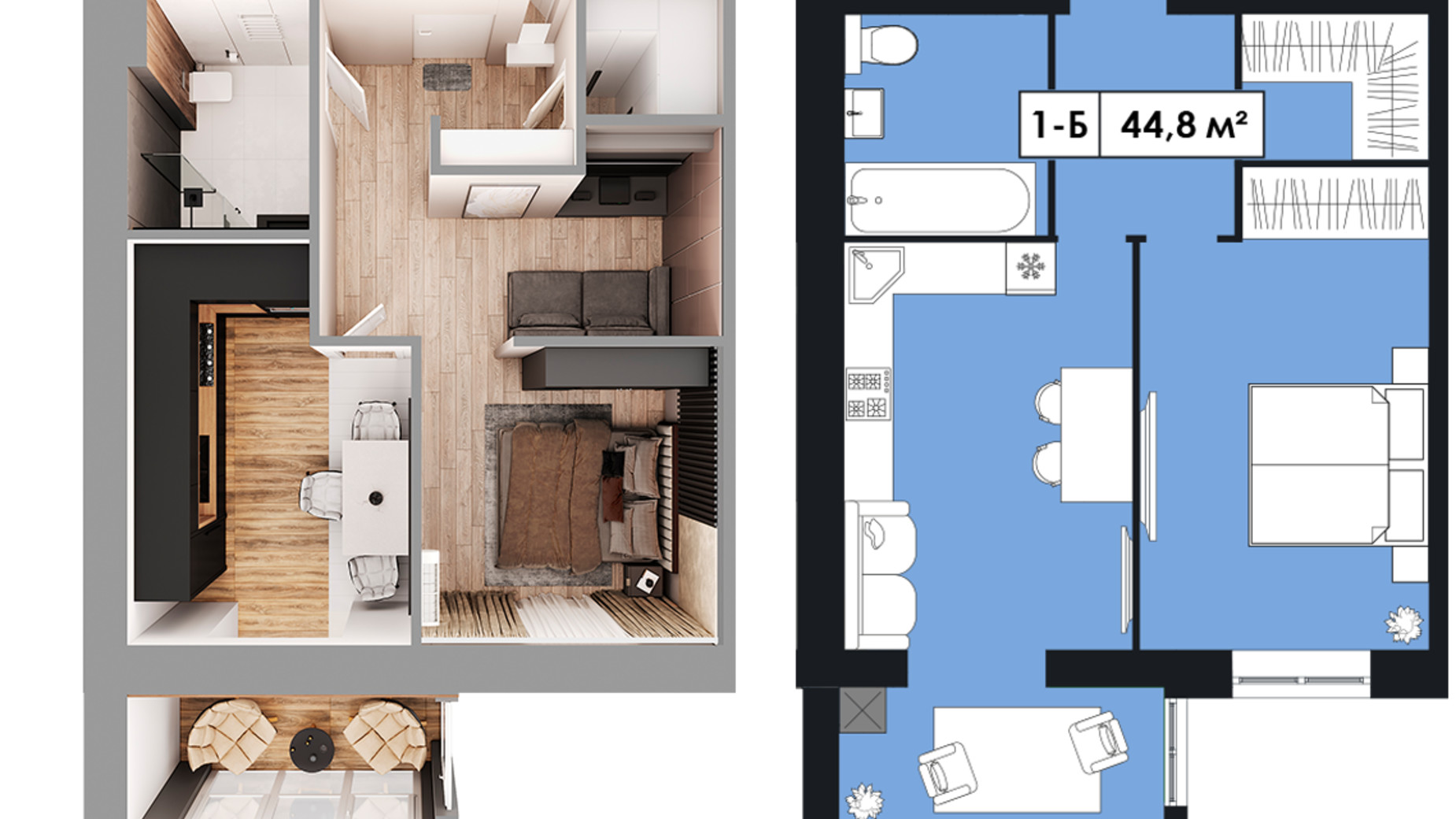 Планировка 1-комнатной квартиры в ЖК Щасливий у Дніпрі 44.8 м², фото 668505