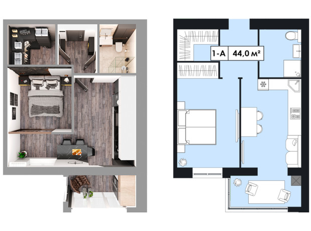 ЖК Щасливий у Дніпрі: планування 1-кімнатної квартири 44 м²