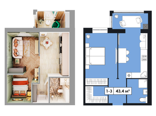 ЖК Щасливий у Дніпрі: планування 1-кімнатної квартири 43.4 м²