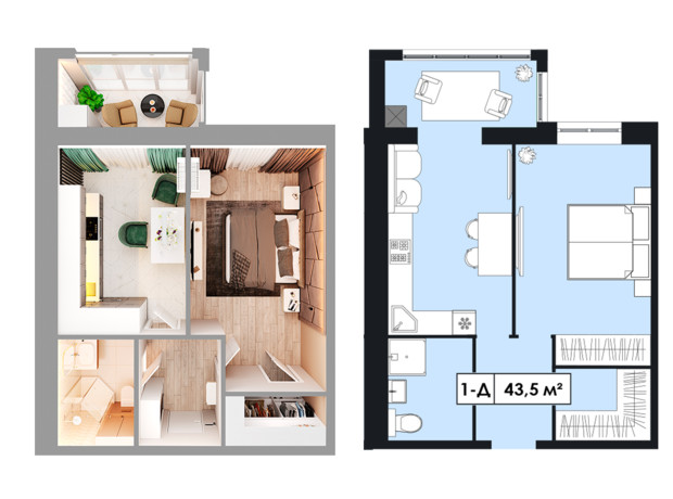 ЖК Щасливий у Дніпрі: планировка 1-комнатной квартиры 43.5 м²