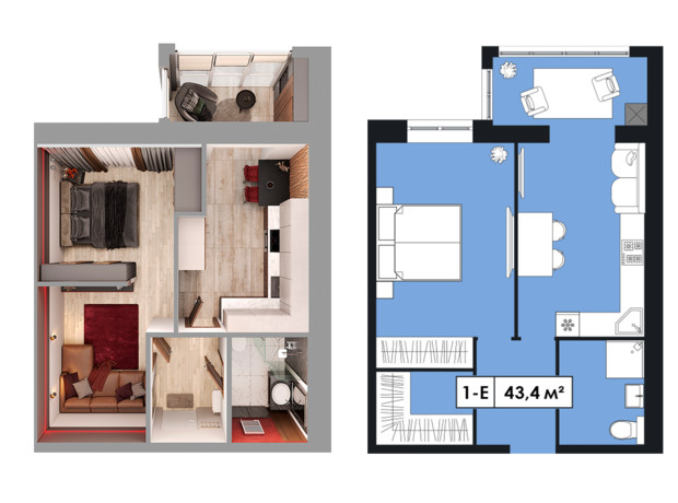 ЖК Щасливий у Дніпрі: планування 1-кімнатної квартири 43.4 м²