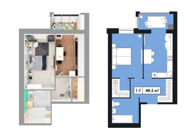 ЖК Щасливий у Дніпрі: планування 1-кімнатної квартири 48.5 м²