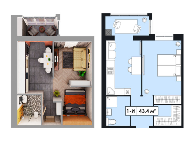 ЖК Щасливий у Дніпрі: планування 1-кімнатної квартири 43.4 м²