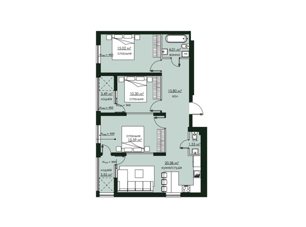 ЖК Бетховен: планировка 3-комнатной квартиры 89.67 м²