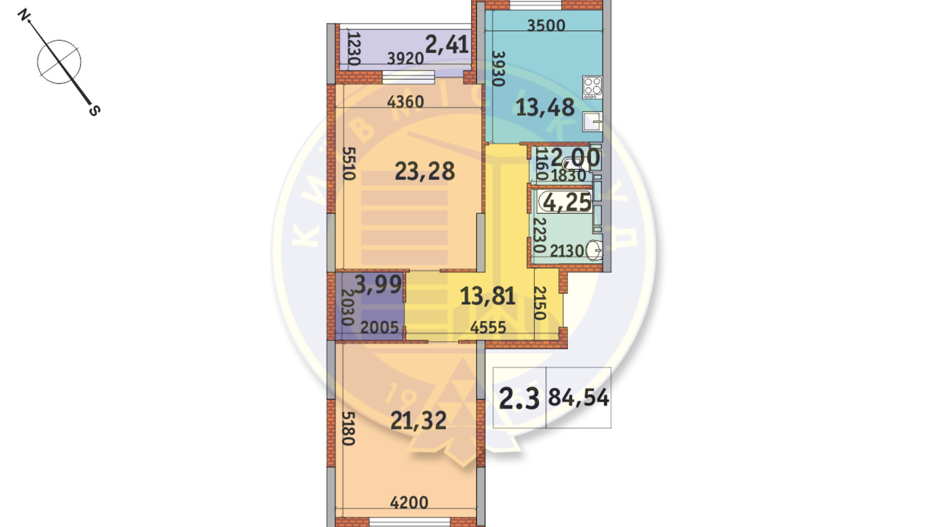 Планування 2-кімнатної квартири в ЖК Академ Парк 84.54 м², фото 668953