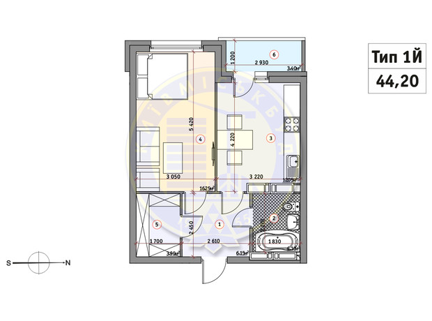 ЖК Кирилловский Гай: планировка 1-комнатной квартиры 44.2 м²