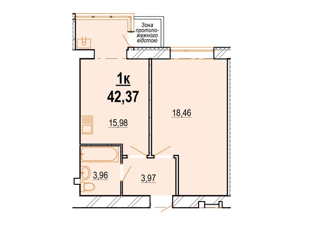 ЖК Староміський: планування 1-кімнатної квартири 42.37 м²