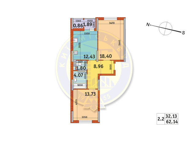 ЖК Злагода: планування 2-кімнатної квартири 62.14 м²