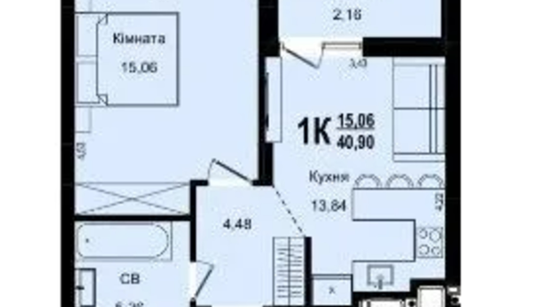 Планировка 1-комнатной квартиры в ЖК Roksolana 40.9 м², фото 669251