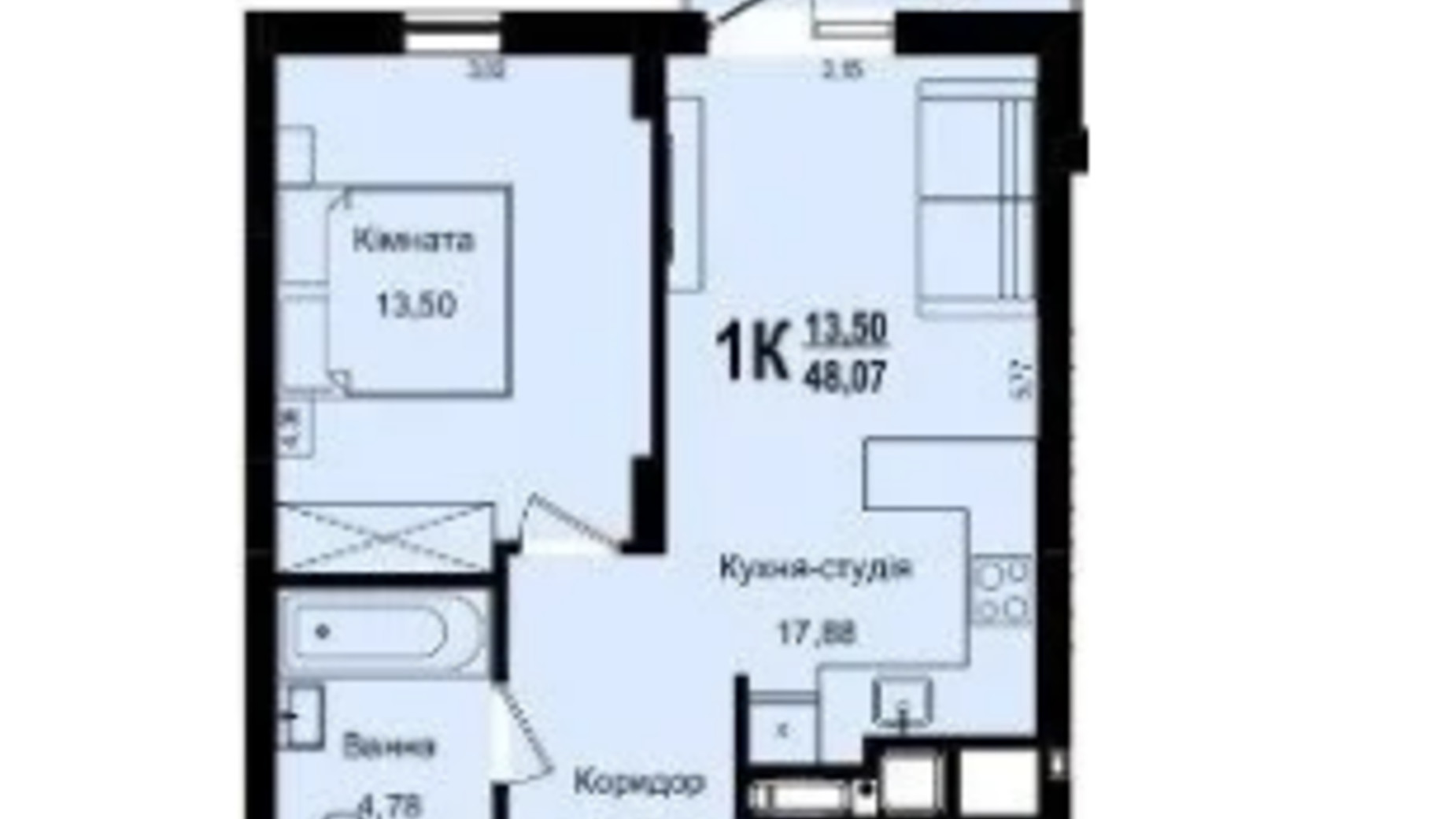 Планування 1-кімнатної квартири в ЖК Roksolana 48.07 м², фото 669252