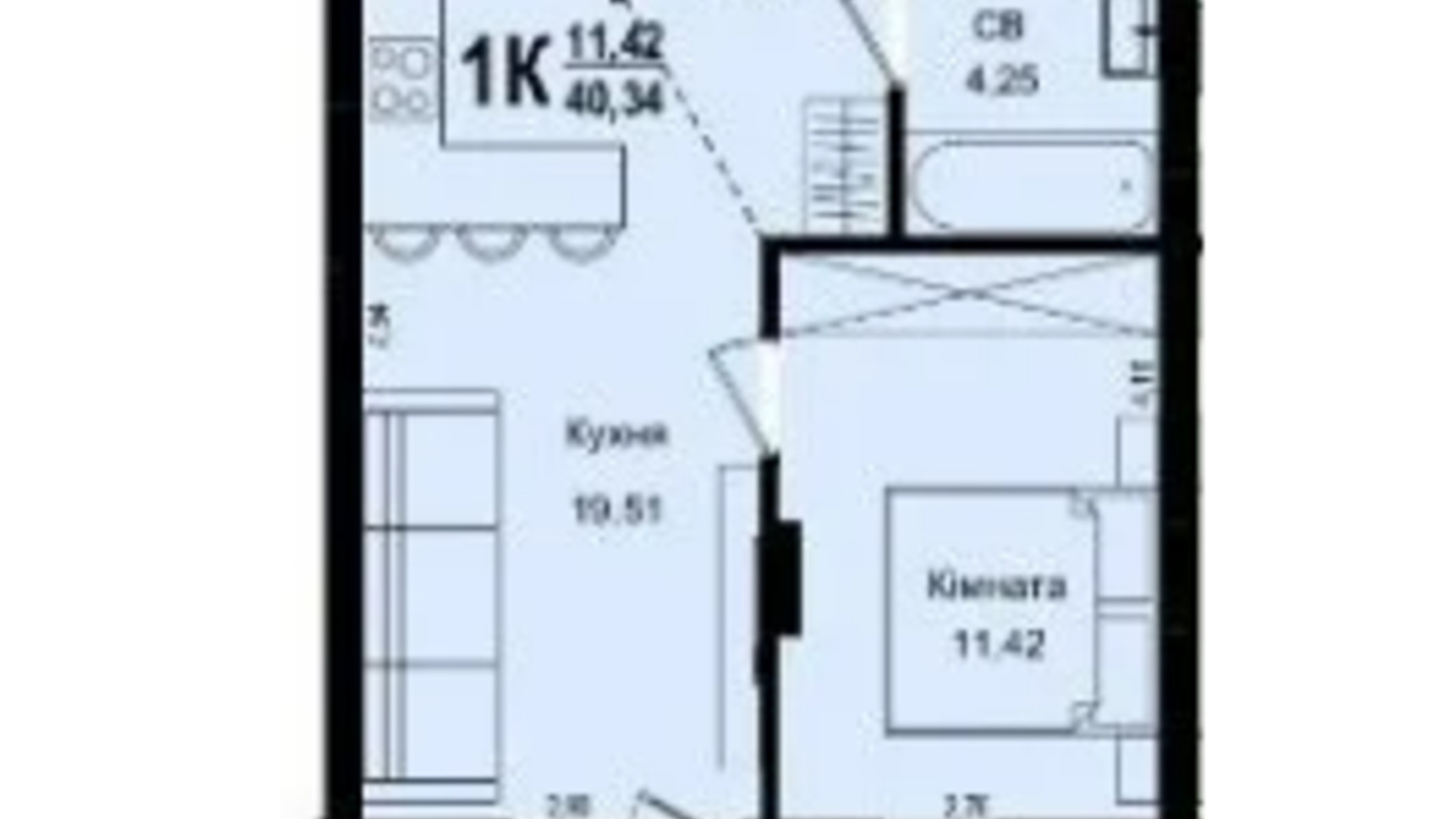 Планировка 1-комнатной квартиры в ЖК Roksolana 40.34 м², фото 669253