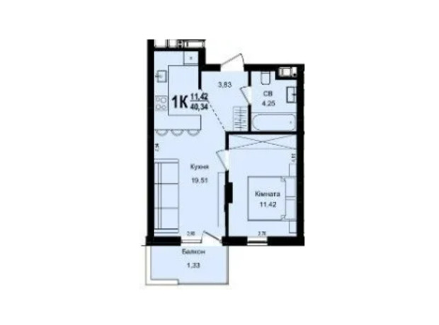 ЖК Roksolana: планування 1-кімнатної квартири 40.34 м²