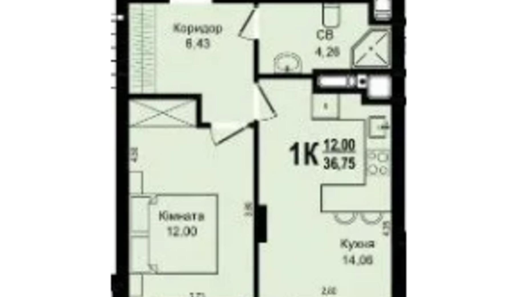 Планування 1-кімнатної квартири в ЖК Roksolana 36.75 м², фото 669254