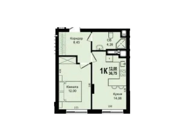 ЖК Roksolana: планировка 1-комнатной квартиры 36.75 м²