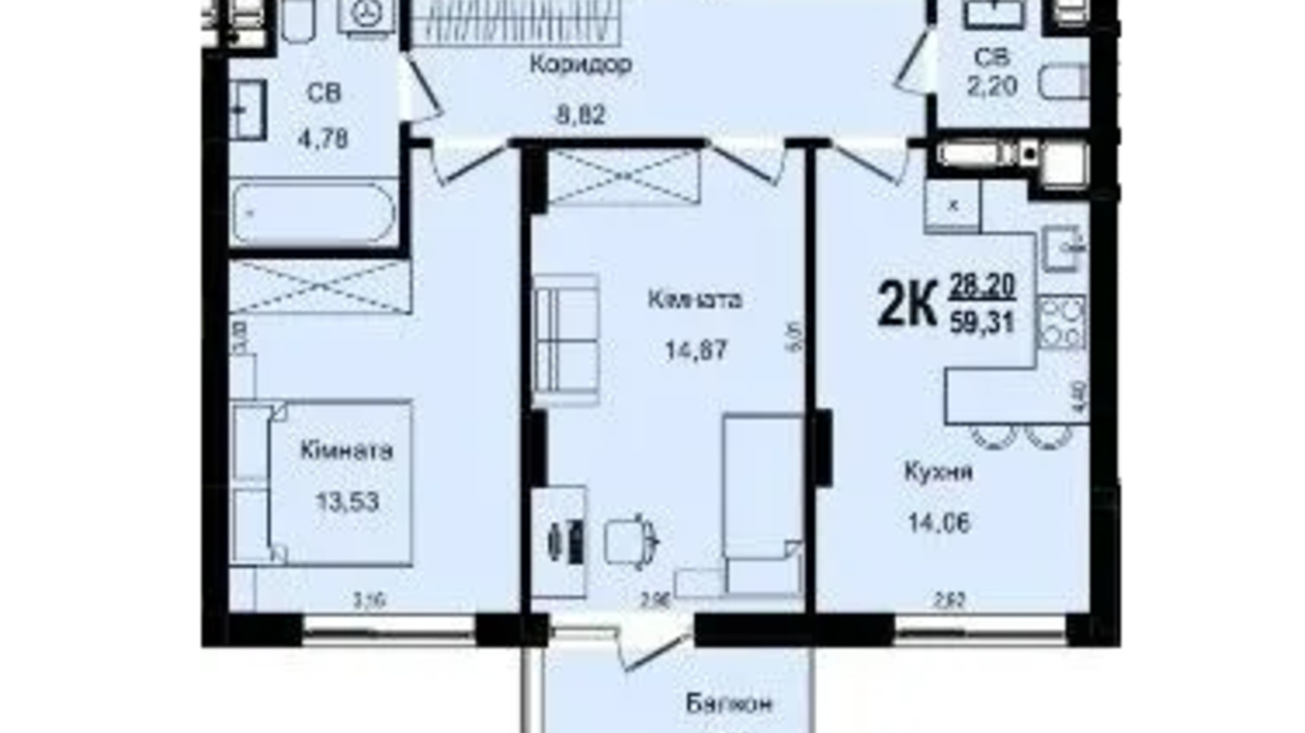 Планування 2-кімнатної квартири в ЖК Roksolana 59.31 м², фото 669255