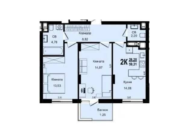 ЖК Roksolana: планировка 2-комнатной квартиры 59.31 м²