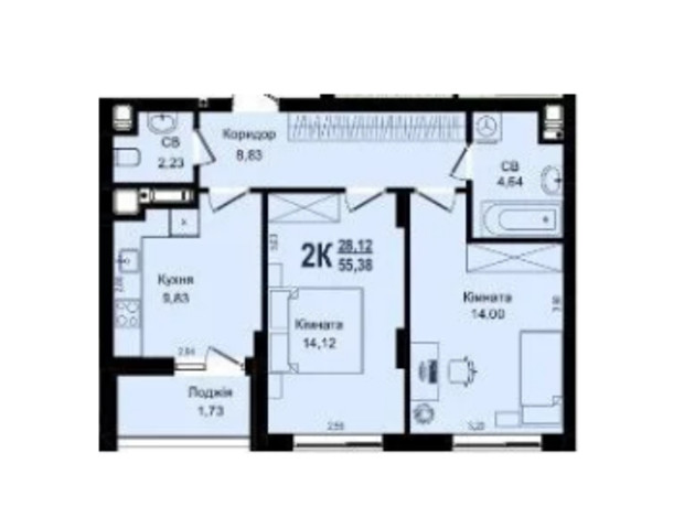 ЖК Roksolana: планировка 2-комнатной квартиры 55.38 м²