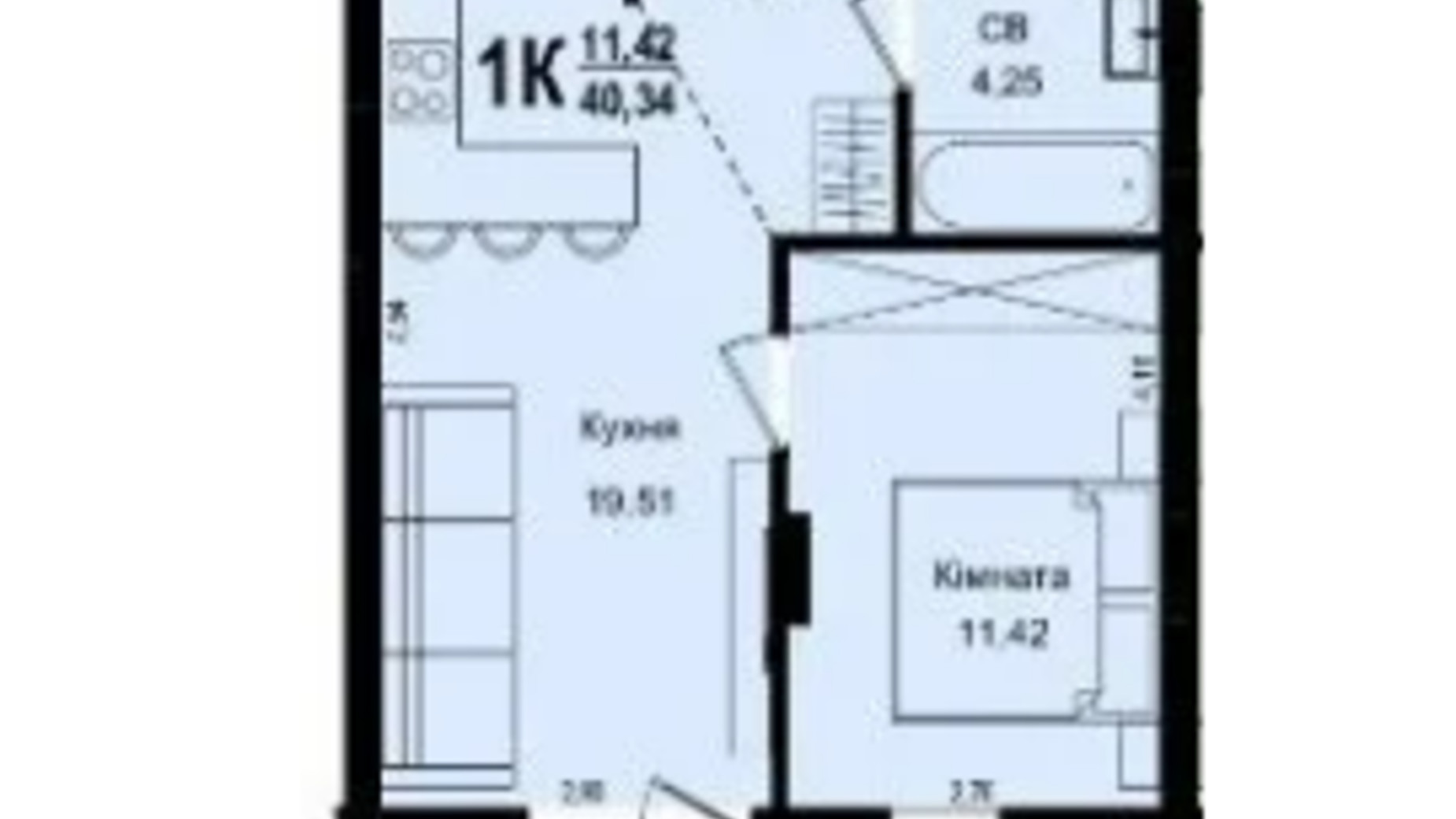 Планування 1-кімнатної квартири в ЖК Roksolana 40.34 м², фото 669257
