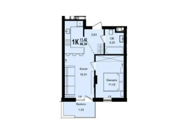 ЖК Roksolana: планування 1-кімнатної квартири 40.34 м²