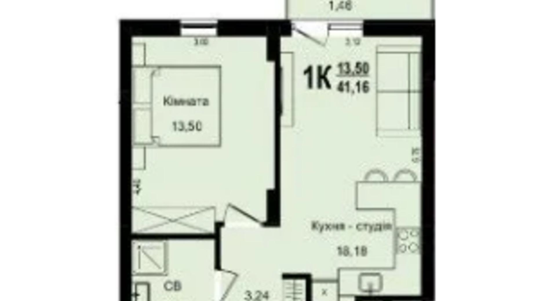 Планування 1-кімнатної квартири в ЖК Roksolana 41.16 м², фото 669259