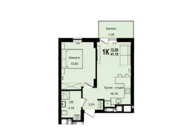 ЖК Roksolana: планування 1-кімнатної квартири 41.16 м²