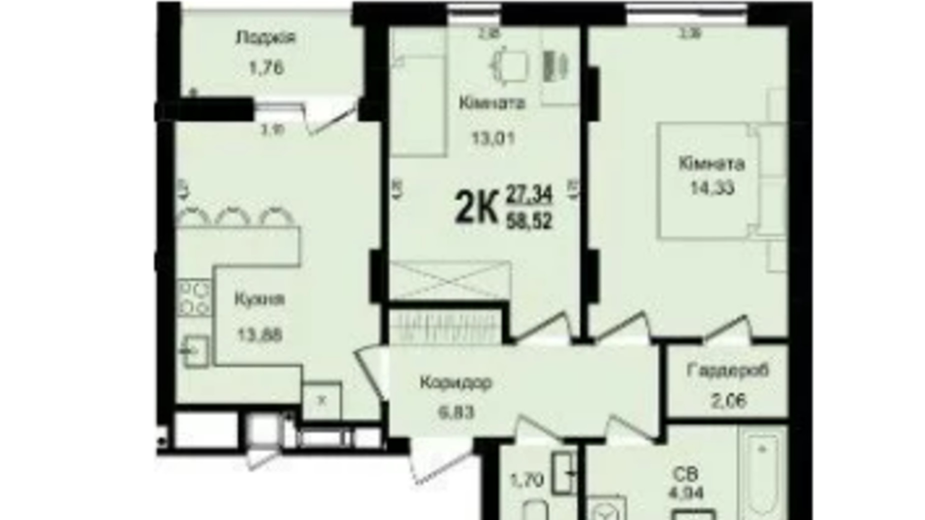 Планировка 2-комнатной квартиры в ЖК Roksolana 58.52 м², фото 669260