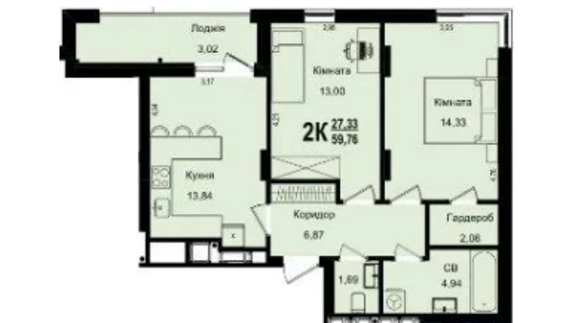 Планировка 2-комнатной квартиры в ЖК Roksolana 59.76 м², фото 669261