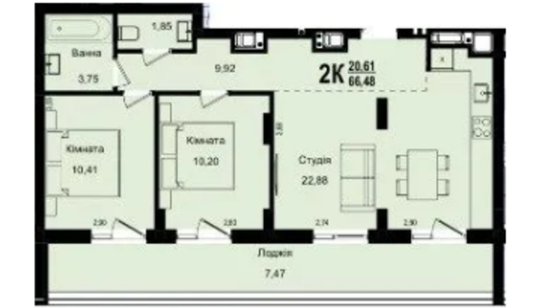 Планировка 2-комнатной квартиры в ЖК Roksolana 66.48 м², фото 669262