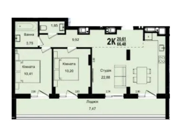 ЖК Roksolana: планировка 2-комнатной квартиры 66.48 м²