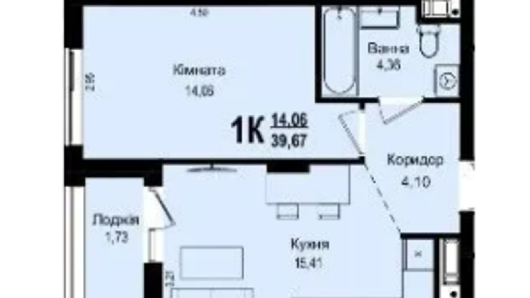 Планування 1-кімнатної квартири в ЖК Roksolana 39.67 м², фото 669263