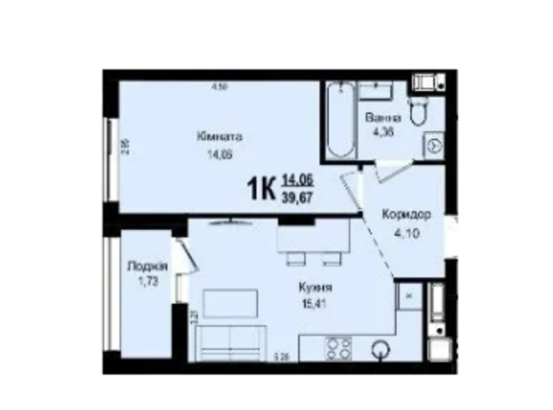 ЖК Roksolana: планування 1-кімнатної квартири 39.67 м²