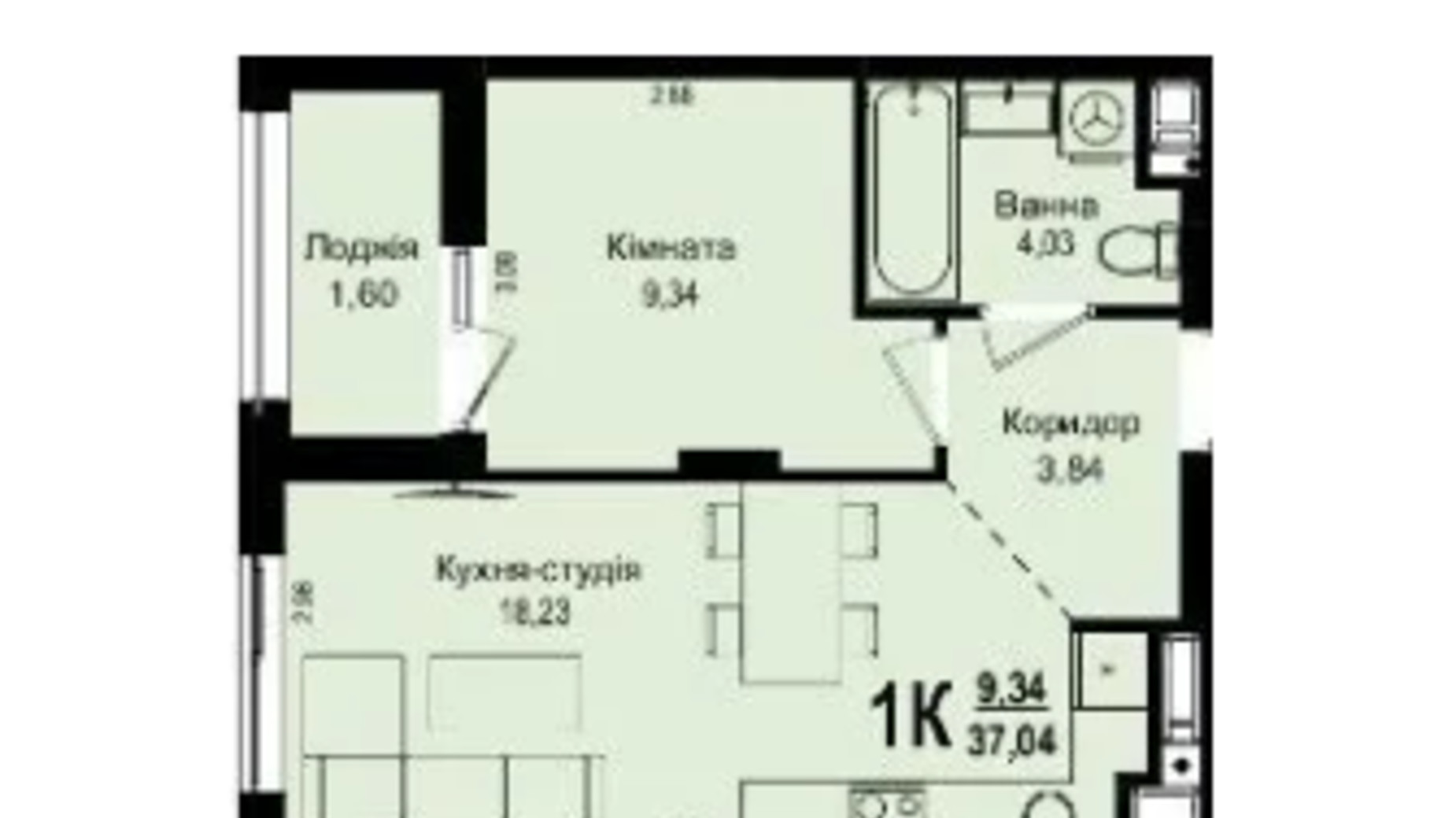 Планування 1-кімнатної квартири в ЖК Roksolana 37.04 м², фото 669264