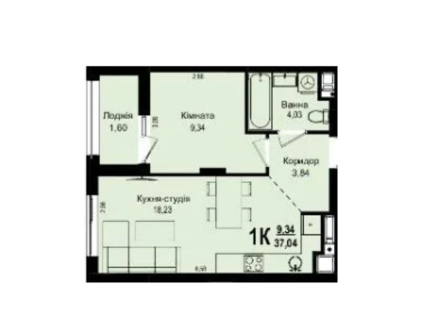 ЖК Roksolana: планування 1-кімнатної квартири 37.04 м²
