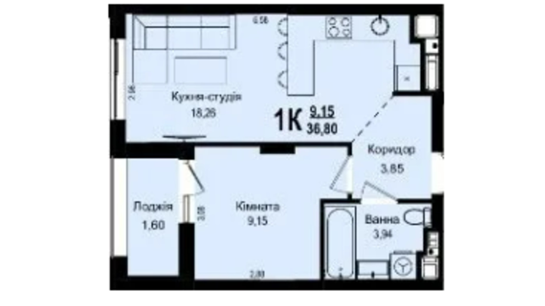 Планировка 1-комнатной квартиры в ЖК Roksolana 36.8 м², фото 669265