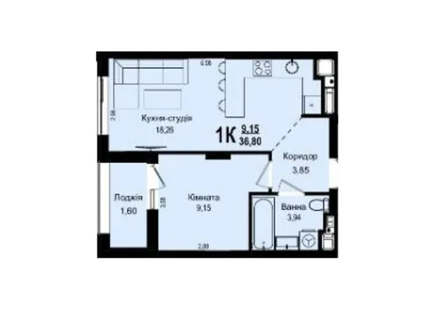 ЖК Roksolana: планировка 1-комнатной квартиры 36.8 м²