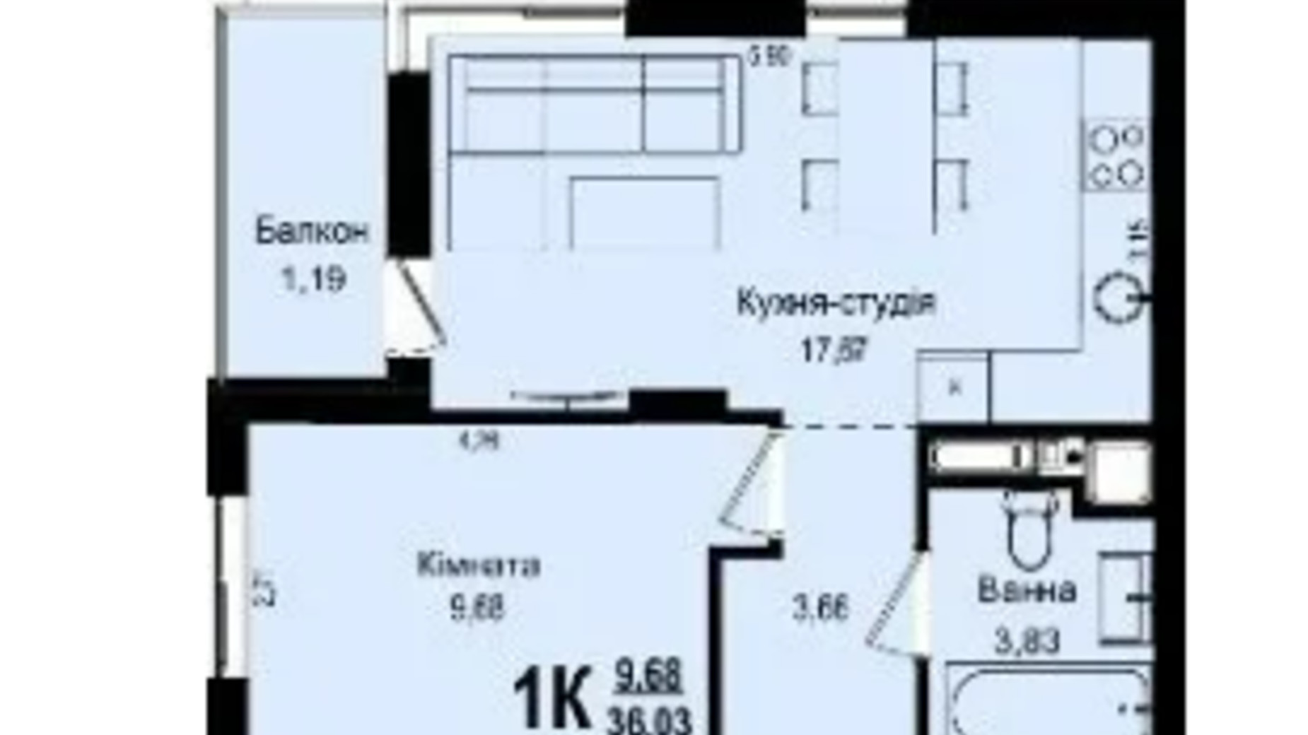 Планировка 1-комнатной квартиры в ЖК Roksolana 36.03 м², фото 669266