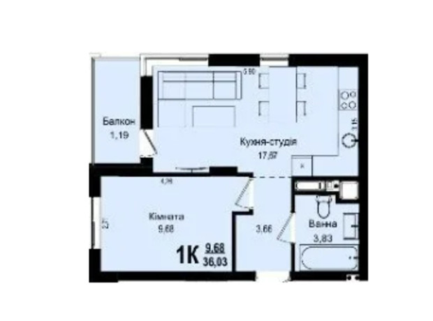 ЖК Roksolana: планування 1-кімнатної квартири 36.03 м²