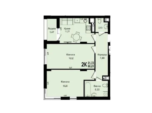 ЖК Roksolana: планировка 2-комнатной квартиры 60.21 м²