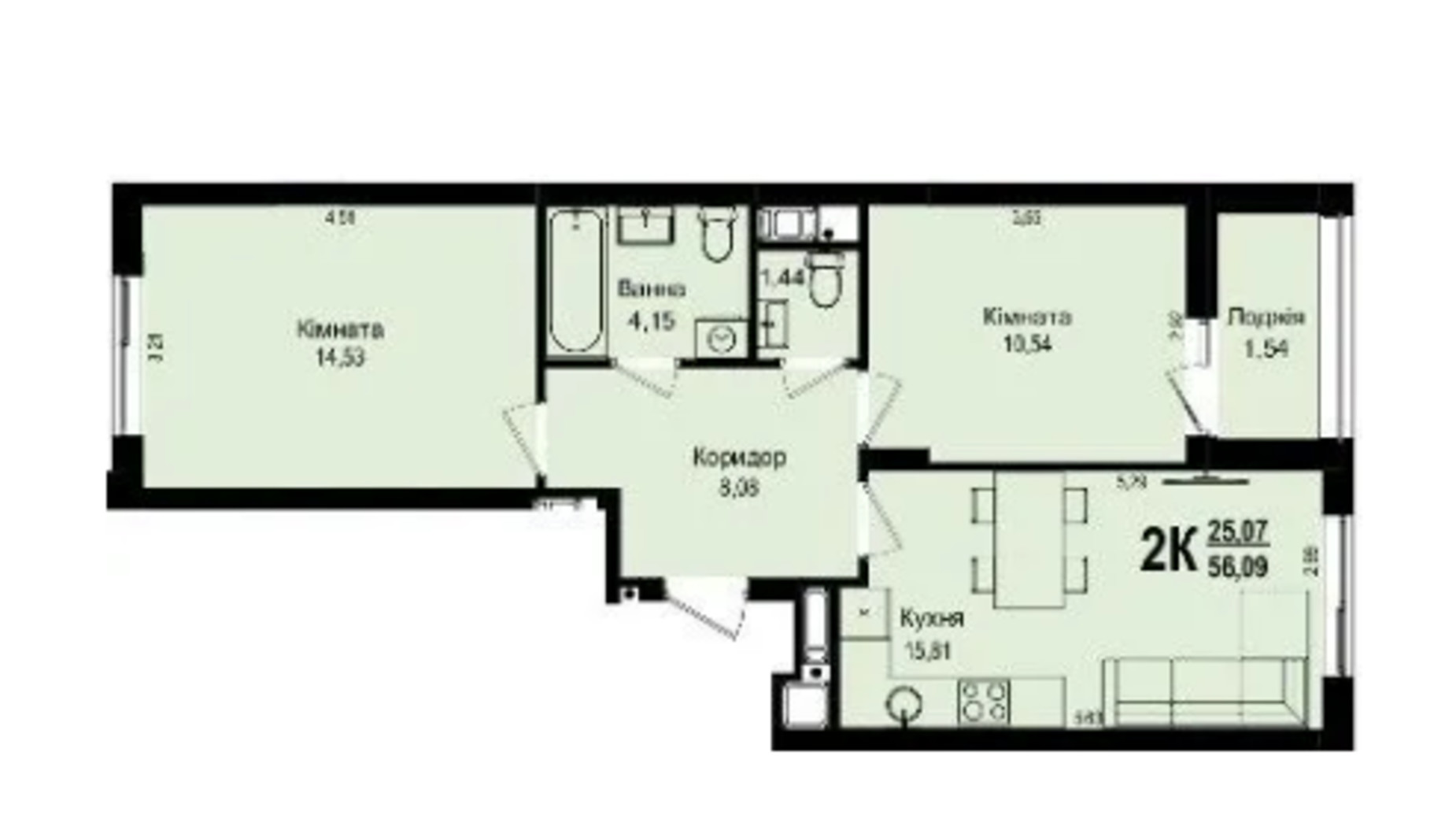 Планировка 2-комнатной квартиры в ЖК Roksolana 56.09 м², фото 669273