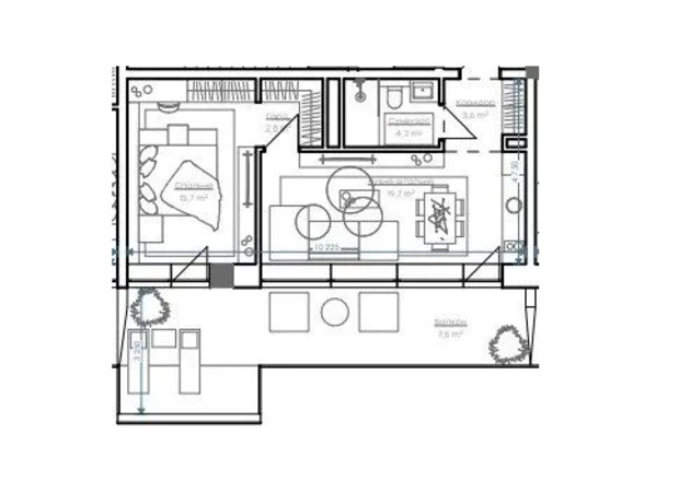 Апарт-комплекс Glacier: планування 1-кімнатної квартири 53.5 м²