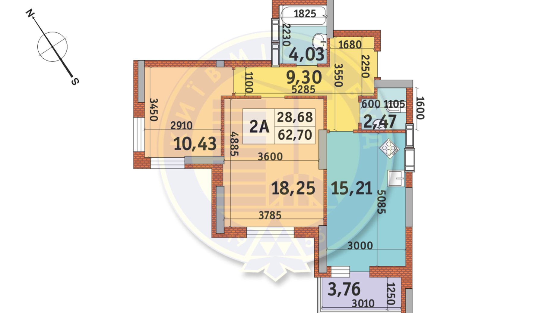 Планировка 2-комнатной квартиры в ЖК Медовый-2 63.7 м², фото 669806