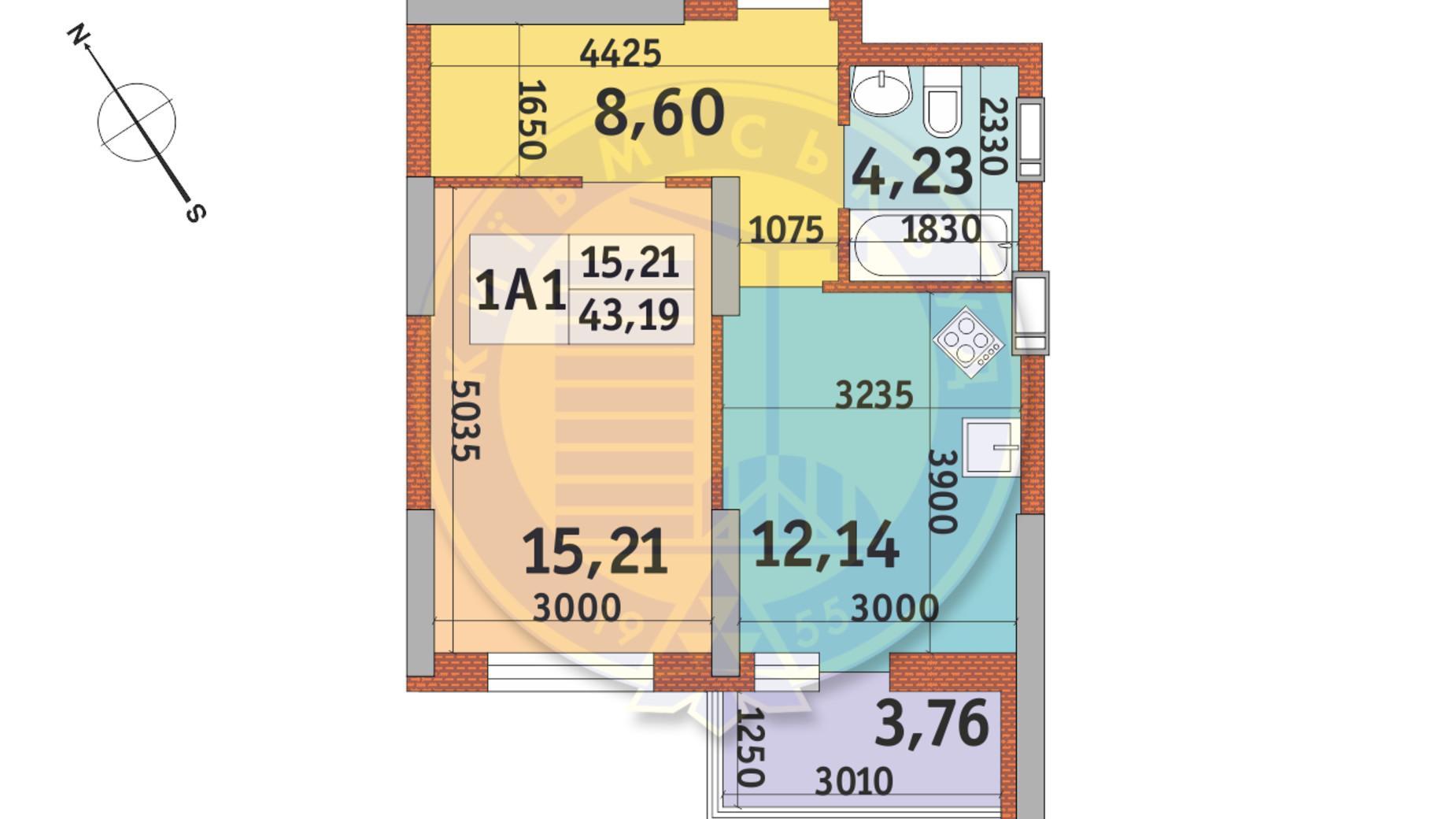 Планування 1-кімнатної квартири в ЖК Медовий-2 43.19 м², фото 669807